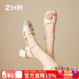 ZHR则则凉鞋女夏季复古法式一字带粗跟女鞋气质增高跟鞋子女JF593米色35