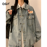 QGF美式复古牛仔外套女春秋季开衫宽松长袖上衣小众chic翻领休闲夹克 浅蓝色 【高品质】 M [建议90-100斤]
