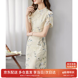 尚都比拉新中式立领盘扣旗袍改良版花瓣袖雪纺碎花连衣裙夏季 杏底花色 S 