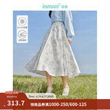 茵曼（INMAN）亚麻吊带植物碎花连衣裙女2026年夏季法式方领泡泡袖蓝色长裙 白底蓝花半身裙-18412674 M
