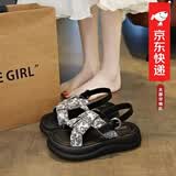 百丽踏罗马凉鞋女夏外穿2026新款中式国风配裙子百搭厚底松糕沙滩鞋 米白色 38