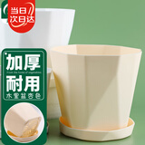 寿禾 花盆带托盘塑料加厚树脂家庭阳台百搭盆栽 木里盆中号-杏色