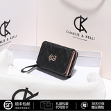 CHARLIE&KELLI品牌 CK轻奢包包女包钱包短款拉链三折绣花零钱包卡包证件收纳包 黑色【礼盒发货 代写贺卡】