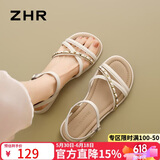 ZHR凉鞋女夏季外穿配裙子休闲女鞋仙女一字带粗低跟平底鞋CE56米色37