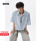 OEMG 条纹假两件衬衫短袖T恤男士夏季宽松百搭慵懒风潮流半开襟衬衣 浅蓝色 【高品质】 XL [建议110-130斤]