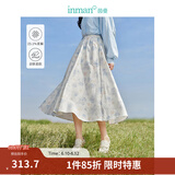 茵曼（INMAN）亚麻吊带植物碎花连衣裙女2026年夏季法式方领泡泡袖蓝色长裙 白底蓝花半身裙-18412674 XL
