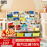 SOFS儿童书架绘本架简易落地宝宝小书柜铁艺幼儿置物架书本玩具收纳架 XXL码 (5+1)层 4盒白黄蓝绿