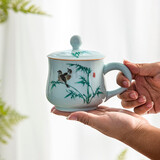 守勤堂 景德镇茶杯陶瓷带盖青瓷瓷器家用小水杯办公室单杯个人杯子茶具 竹韵清香