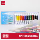 得力（deli）水彩颜料12色12ml大容量画画美术专用便携专业级学生儿童绘画彩绘套装便携73850速写