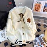 AEMAPE小熊毛衣开衫女外套2026春新款女装衣服宽松温柔秋冬季针织上衣 米白色 均码 (80-140斤拍)