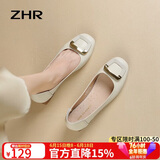ZHR女鞋浅口单鞋女春秋粗跟通勤妈妈皮鞋2026新款船鞋女AH378米色39