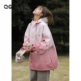 QGF渐变色冲锋上衣女新款连帽休闲外套春秋季美式宽松棒球服工装夹克 珊瑚红 【高品质】 XL [建议110-130斤]