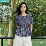 茵曼法式格子衬衫夏季女装百搭短袖娃娃衫 藏青衬衫-18525529  XL