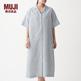 MUJI 女式 法国亚麻水洗 五分袖开襟连衣裙 BCL08C0S 米白色X条纹 XS-S