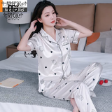 莫代尔冰丝睡衣女夏天短袖长裤开衫薄款大码天春秋休闲女士家居服套装 SCX爱心草莓印11短长 XL (120-138斤)