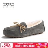 OZZEG澳洲豆豆鞋女冬季羊皮毛一体毛毛棉鞋平底防滑加绒保暖孕妇乐福鞋 灰色 36