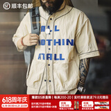 马登工装 美式复古开襟棒球衫Vibe撞色字母短袖衬衣男士Vintage衬衫夏 白灰色 M