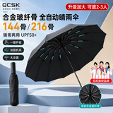 QCSK德国全自动雨伞加大加厚加固晴雨两用男女通用折叠 【玄墨黑】抗风黑胶防晒 UPF50+ 【144根合金玻纤骨|双人加大加固|晴雨两用】