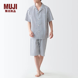 MUJI男式 无侧缝泡泡纱短袖睡衣男士家居服套装男款夏季纯棉全棉 深藏青色条纹 S