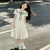 柚一杉女童连衣裙夏装薄款儿童学院风碎花裙子女孩棉质夏季中大童公主裙 白色 140 建议身高135cm左右