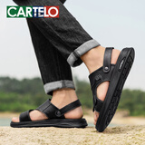 卡帝乐鳄鱼（CARTELO）牛皮凉鞋男夏季透气沙滩鞋男休闲舒适两穿涉水鞋户外父亲节凉拖鞋 头层牛皮-黑色 39 标准皮鞋码