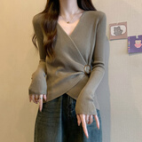 乖米豆大码设计感正肩长袖女针织衫早秋不规则胖mm遮肉显瘦内搭打底上衣 咖色 L码建议100~120斤