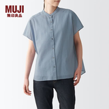 MUJI 女式 水洗棉强捻 法国袖罩衫 BCA31C2S 短袖休闲百搭衬衫 蓝色 M-L