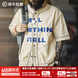 马登工装 美式复古开襟棒球衫Vibe撞色字母短袖衬衣男士Vintage衬衫夏 白灰色 M