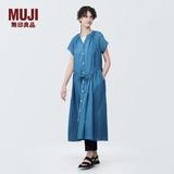 MUJI女式 强捻法国袖连衣裙 女装裙子夏季纯棉全棉衬衫连身裙BC2JGC4S 蓝色 S(155/80A)