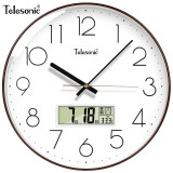天王星（Telesonic）挂钟客厅万年历钟表3D立体创意双日历温度时钟简约石英钟薄边挂表 轻奢咖30CM日历款