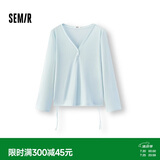 森马（Semir）长袖T恤女夏季V领纯色仿麻宽松抽绳罩衫2026温柔上衣109326101006