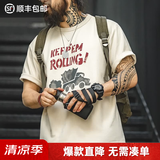 马登工装美式复古涂鸦字母印花短袖T恤男夏季混纺圆领重磅小众Tee男款 浅杏色 【男士半袖/宽松t恤衫/高街/国内潮牌】 S 【今日下单 顺丰包邮】