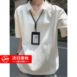 Shelley Jones美式正肩白色v领t恤男生少年感穿搭polo衫短袖重磅boxy解构五分袖 白色 【高品质】 XL [推荐120-140斤]