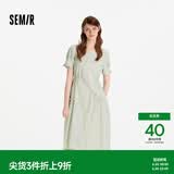 森马（Semir）连衣裙女夏不规则拼接木耳边泡泡袖收腰设计感中长裙101325114041
