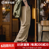 马登工装复古条绒针织卫裤松紧腰抽绳运动裤直筒阔腿长裤子男春 卡其绿 S