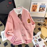 AEMAPE小熊毛衣开衫女外套2026春新款女装衣服宽松温柔秋冬季针织上衣 粉色 均码 (80-140斤拍)