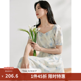 茵曼（INMAN）亚麻吊带植物碎花连衣裙女2026年夏季法式方领泡泡袖蓝色长裙 月蓝连衣裙-18424791 S