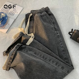 QGF夏季新款牛仔裤女小个子高腰显瘦裤子宽松休闲学生直筒潮流阔腿裤 黑灰色 M