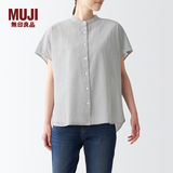 MUJI 女式 水洗棉强捻 法国袖罩衫 BCA31C2S 短袖休闲百搭衬衫 深灰色条纹 M-L
