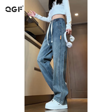 QGF 松紧腰牛仔裤女春秋夏季新款美式复古直筒宽松显瘦高腰阔腿裤子 牛仔蓝 【高品质】 M [建议90-100斤]