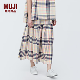 MUJI女式马德拉斯格纹宽摆裙长半身裙夏款裙子半裙纯棉格子裙女装 象牙色格纹 S (155/62A)