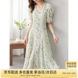 尚都比拉夏季法式碎花连衣裙泡泡袖茶歇裙气质女神范裙子 杏底蓝花 S 