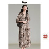 旅途原品（ltyp）格子连衣裙优雅随性艺术印花蝙蝠袖夏季原创设计感中长裙 咖色-定制手绘水彩方格子 M 160cm（现货）