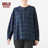 MUJI 女式 新疆棉法兰绒 束腰长上衣 29AC730 深绿色X格子 XS-S