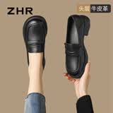 ZHR则则头层牛皮乐福鞋女学院风粗跟单鞋女舒适百搭厚底皮鞋女KL01黑色37