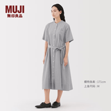 MUJI女式 凉感 短袖衬衫连衣裙女装裙子纯棉25年夏季长裙 灰色条纹 S (155/80A)