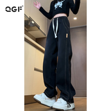 QGF 松紧腰牛仔裤女春秋夏季新款美式复古直筒宽松显瘦高腰阔腿裤子 黑色 【高品质】 M [建议90-100斤]