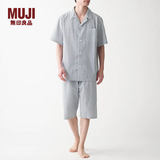 MUJI男式 无侧缝泡泡纱短袖睡衣男士家居服套装男款夏季纯棉全棉 藏青色条纹 S