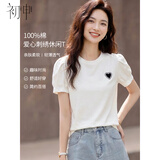 初申纯棉短袖T恤女时尚设计感泡泡袖爱心牙刷绣标志上衣S13KT1364