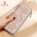 金狐狸（FOXER）牛皮女士钱包大容量长款卡包钱票夹手拿包零钱包轻奢女友生日礼物